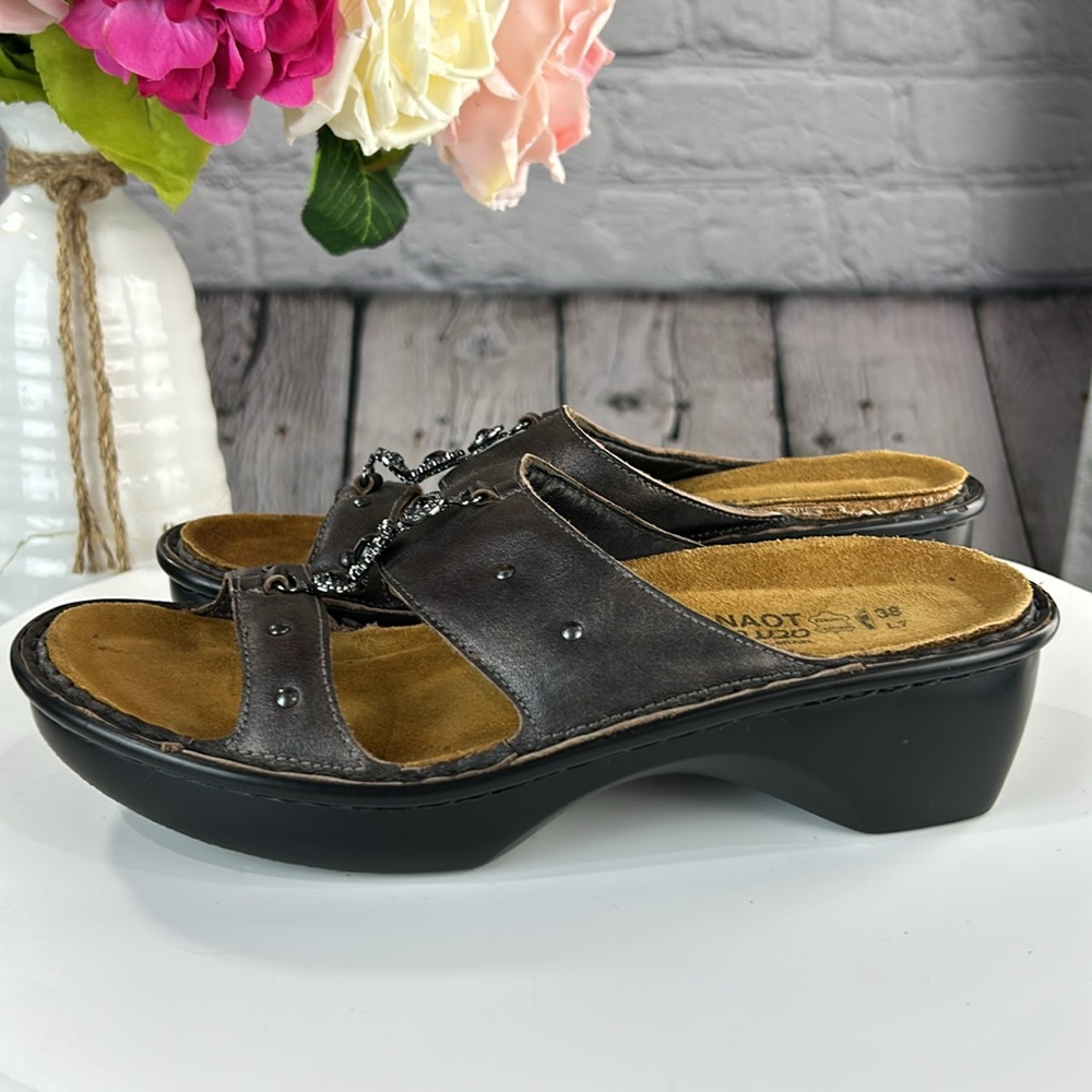 NAOT Deep Metallic Pewter Leather Jeweled Open Toe Slip On Low Wedge Sandals - Picture 3 of 17